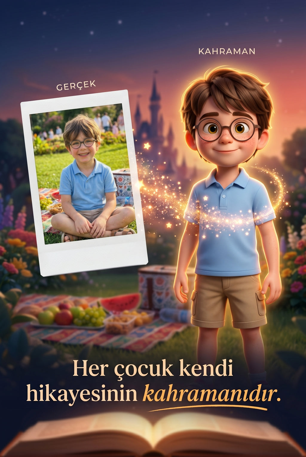 Gerçek çocuk fotoğrafından kişiselleştirilmiş 3D hikaye kahramanına dönüşüm illüstrasyonu