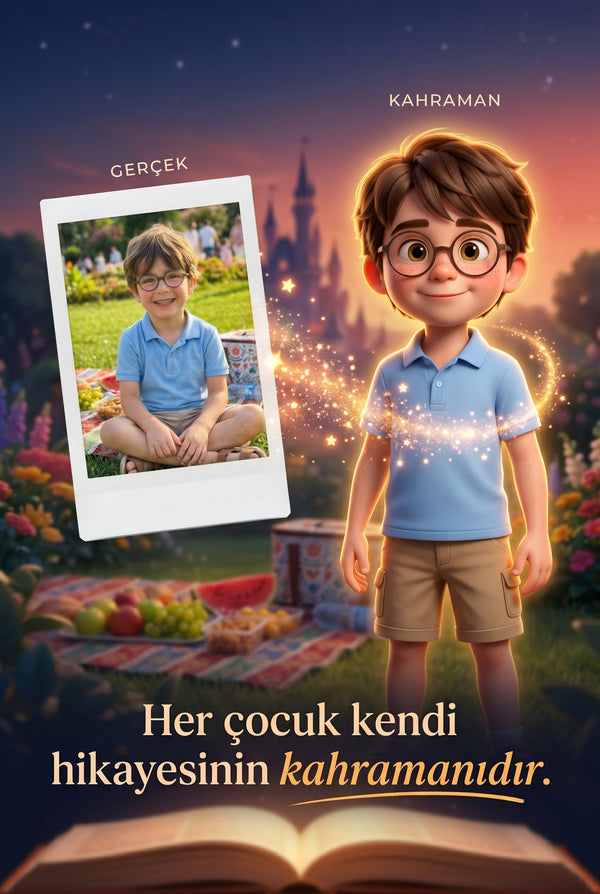 Gerçek çocuk fotoğrafından kişiselleştirilmiş 3D hikaye kahramanına dönüşüm illüstrasyonu