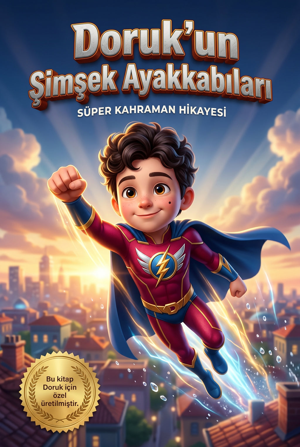 Doruk'un Şimşek Ayakkabıları kişiye özel çocuk kitabı ön kapağı, 3D Pixar kalitesinde kahramanlık teması