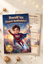 Doruk'un kişiye özel çocuk kitabının ön ve arka kapağı bir arada — premium kalite magazine formatı