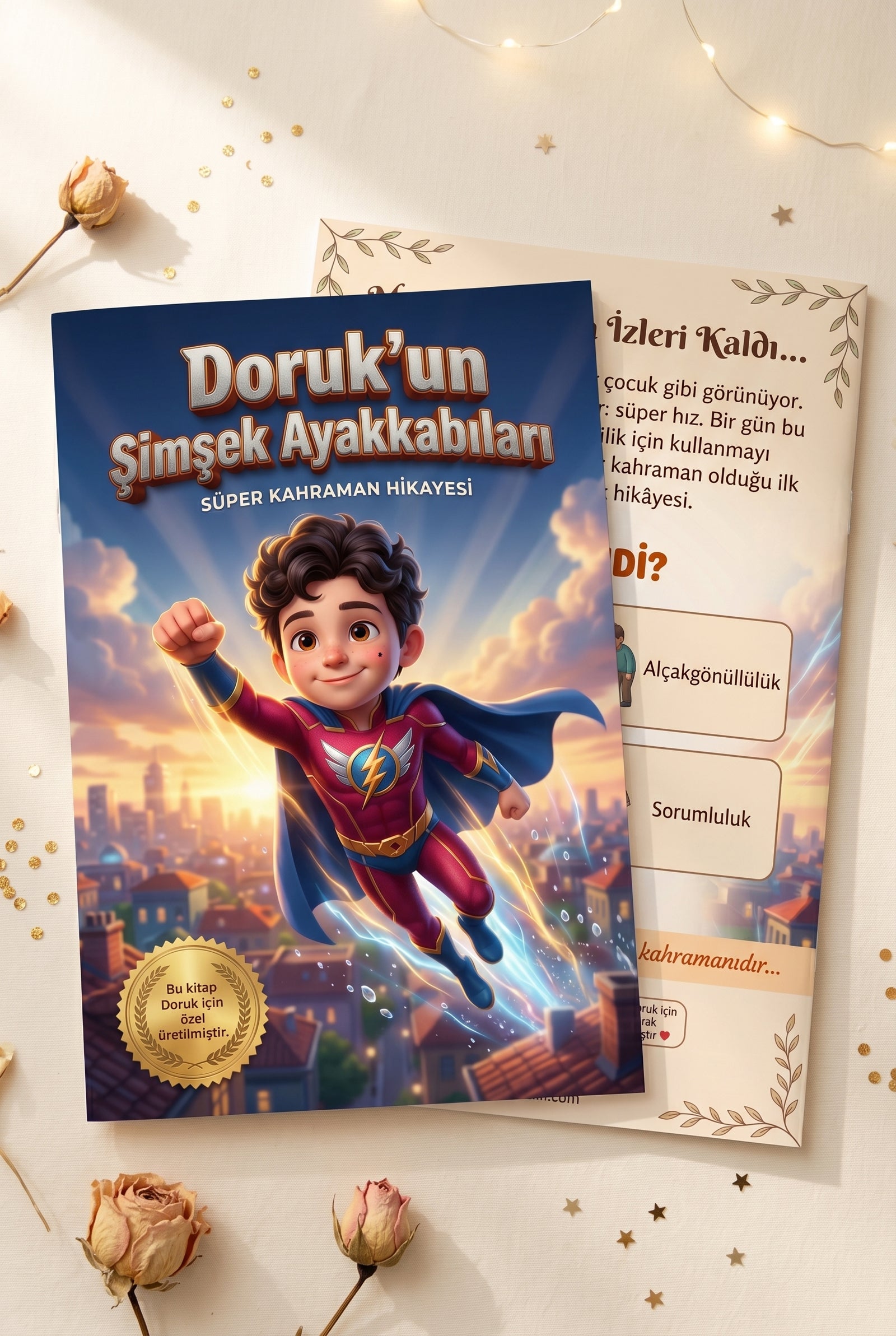 Doruk'un kişiye özel çocuk kitabının ön ve arka kapağı bir arada — premium kalite magazine formatı