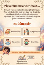 Doruk isimli masal kitabının arka kapağı — özgüven gelişimi ve iyilik temalı kazanım özetleri