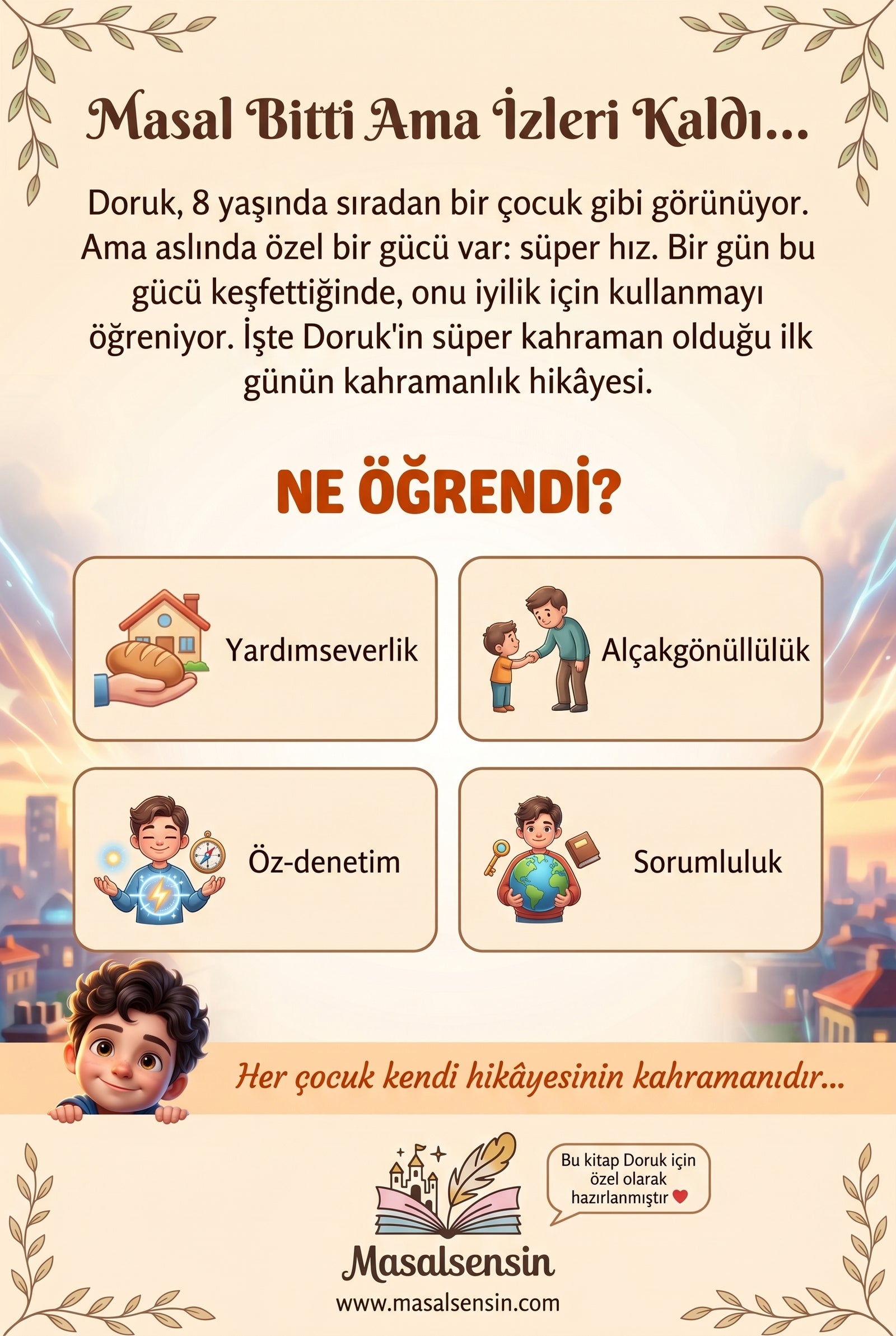 Doruk isimli masal kitabının arka kapağı — özgüven gelişimi ve iyilik temalı kazanım özetleri