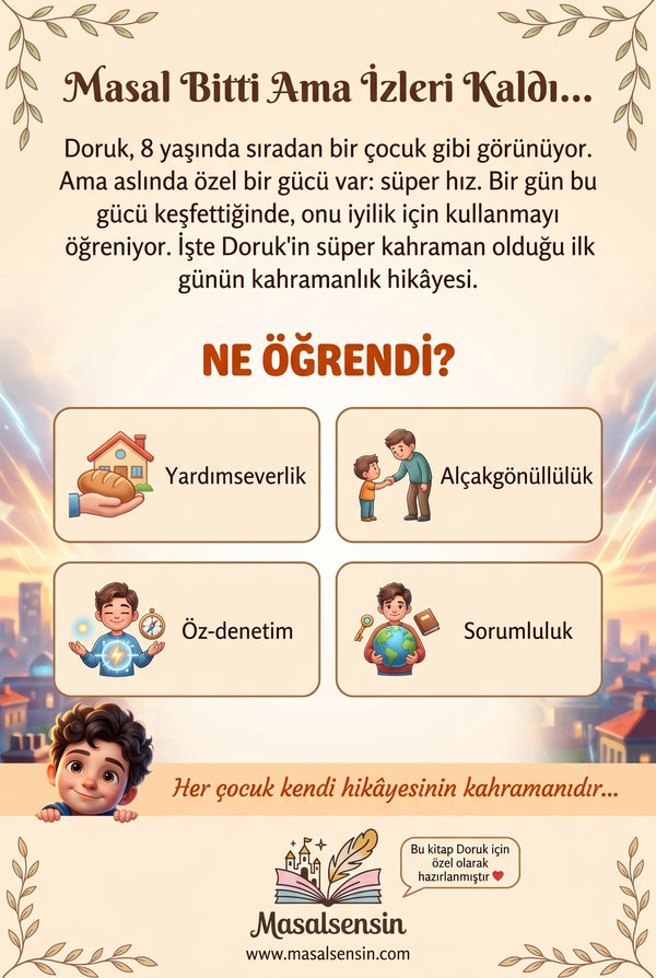 Doruk isimli masal kitabının arka kapağı — özgüven gelişimi ve iyilik temalı kazanım özetleri