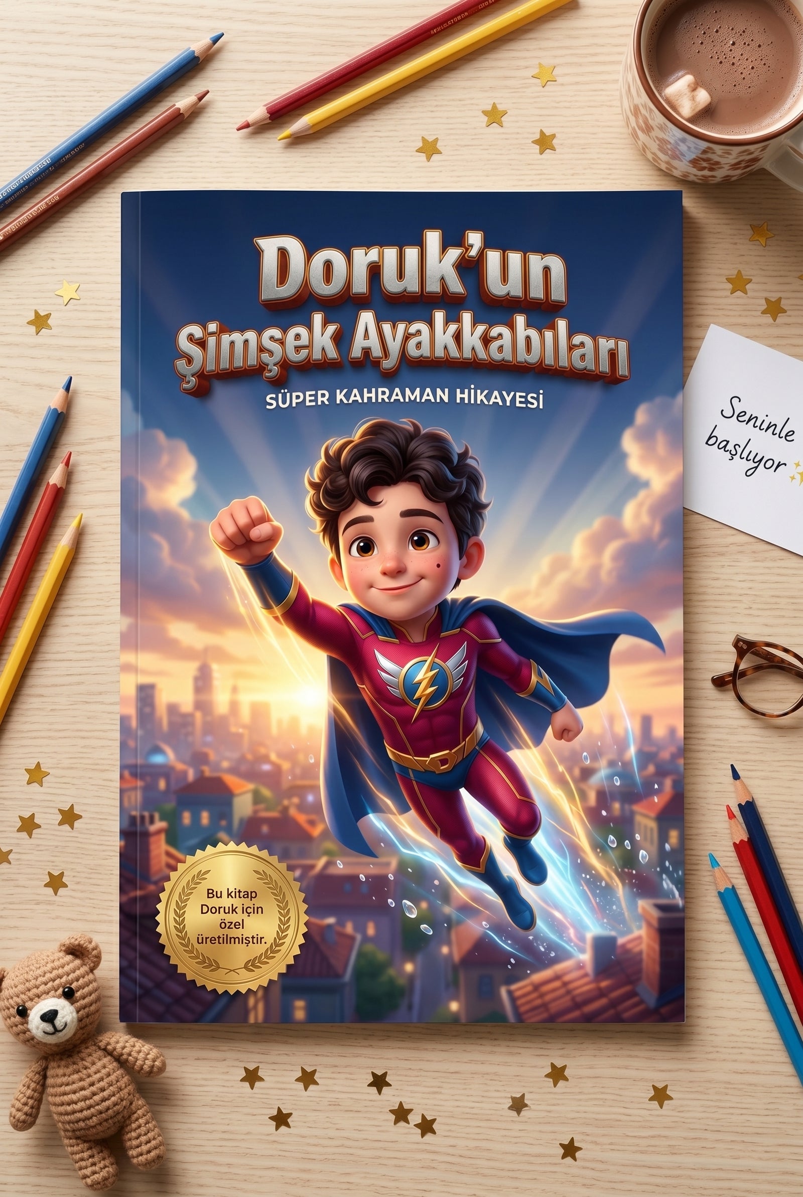 A4 ebatındaki kişiye özel çocuk kitabının masa üzerinde tam açık görünümü — canlı ve eğitici sayfalar