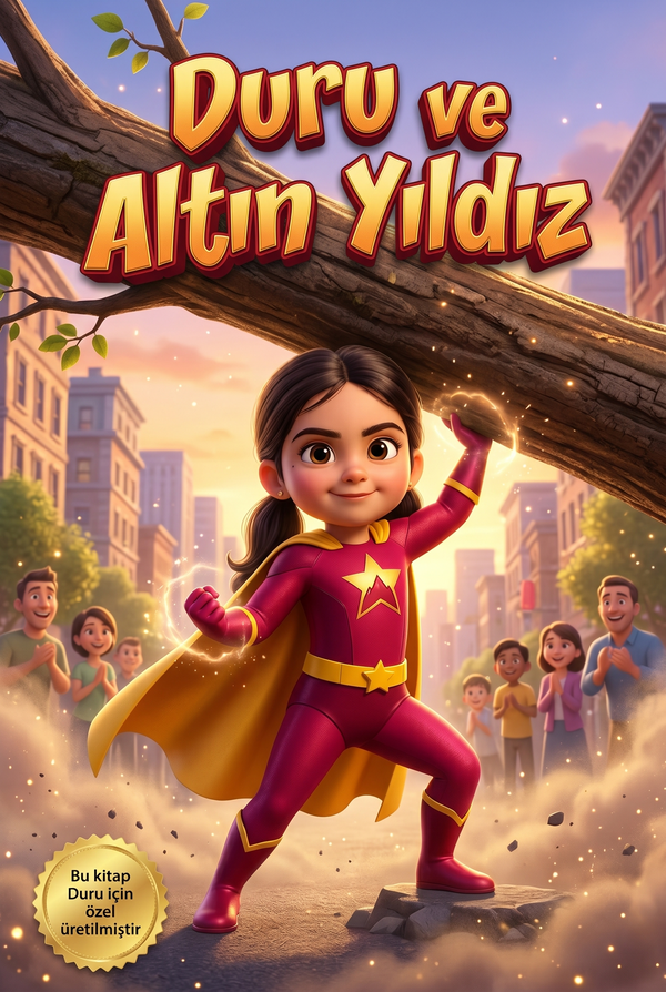 Duru ve Altın Yıldız isimli kişiye özel çocuk kitabı ön kapağı Pixar 3D illüstrasyon
