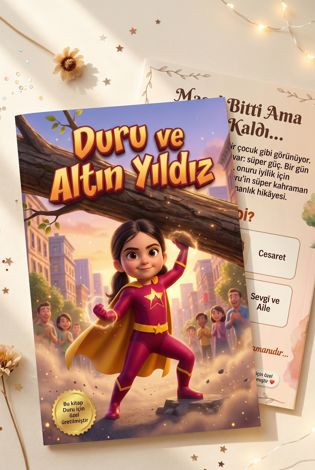 Duru'nun kişiye özel kitabı ön ve arka kapak birlikte yüksek kaliteli baskı görünümü