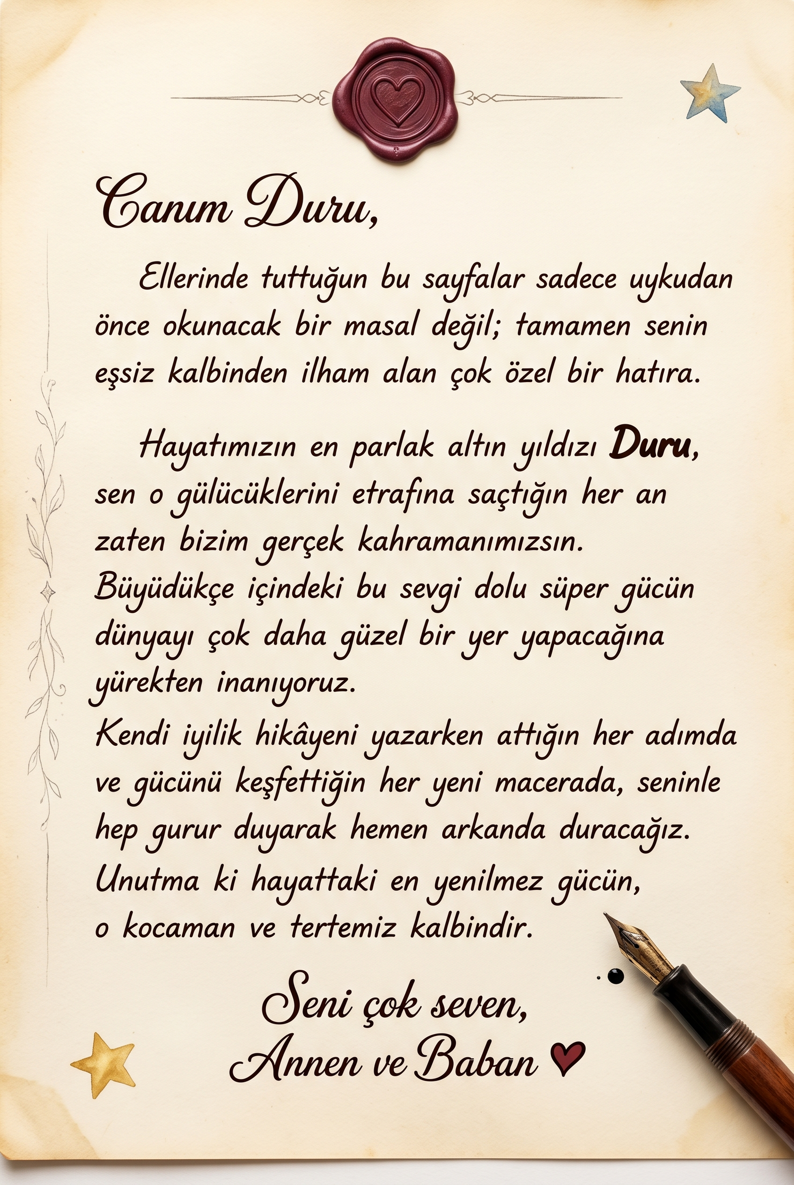 Hediye eden teyzeden Duru'ya özel yazılmış sevgi dolu ithaf sayfası detayı
