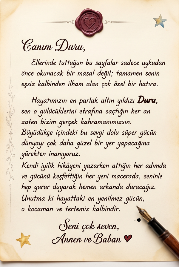 Hediye eden teyzeden Duru'ya özel yazılmış sevgi dolu ithaf sayfası detayı
