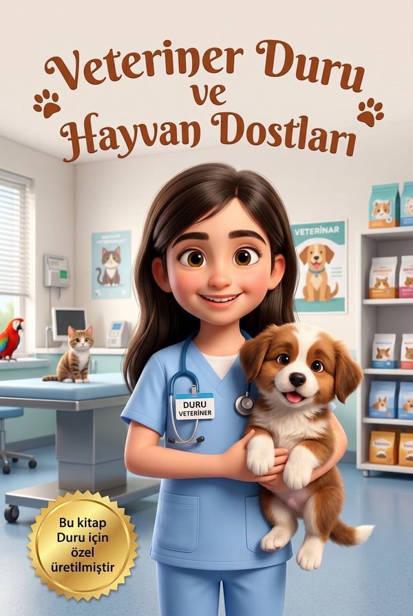 Veteriner Duru kişiye özel çocuk kitabı ön kapağı - Pixar kalitesinde şefkatli klinik illüstrasyonu