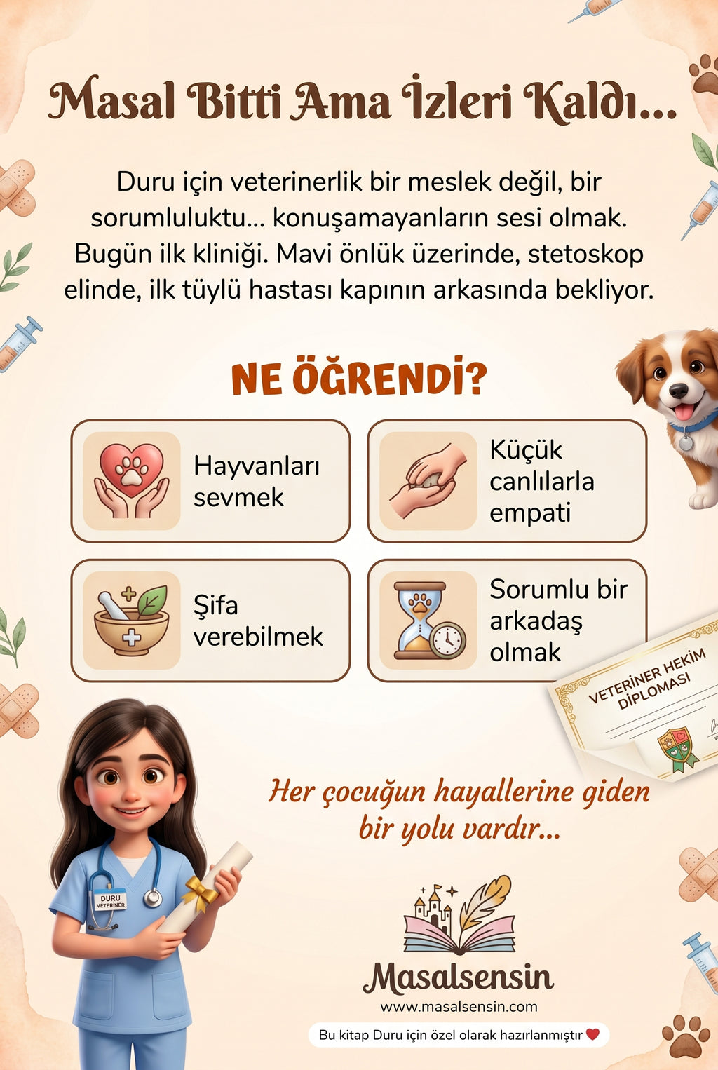 Duru isimli veterinerlik kitabının arka kapağı - hayvan sevgisi ve empati kazanımları özeti