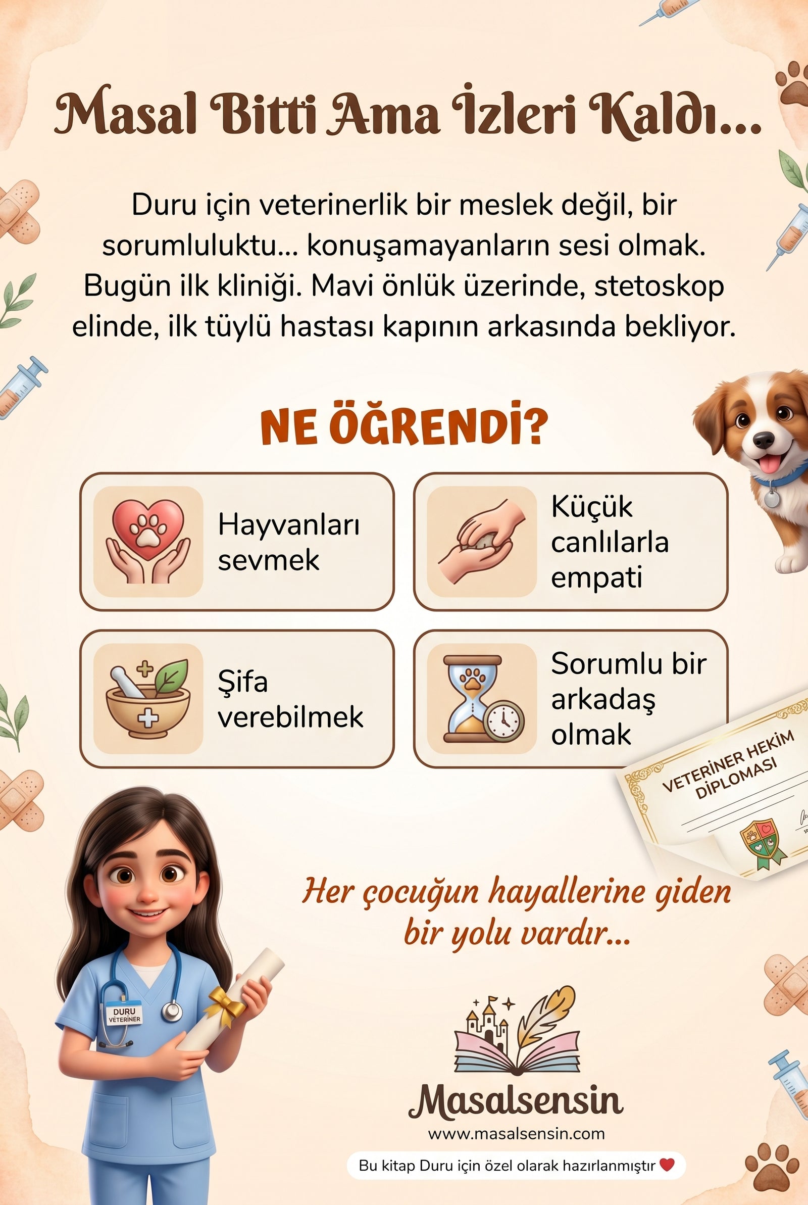 Duru isimli veterinerlik kitabının arka kapağı - hayvan sevgisi ve empati kazanımları özeti