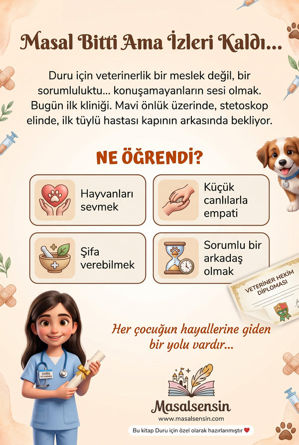 Duru isimli veterinerlik kitabının arka kapağı - hayvan sevgisi ve empati kazanımları özeti