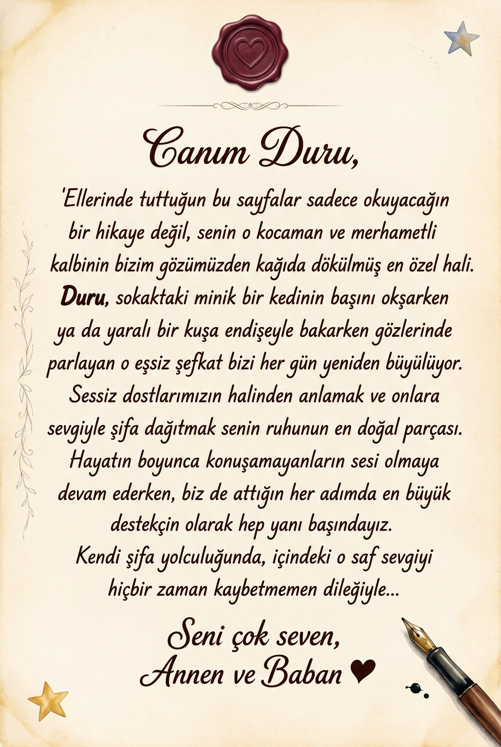 Duru için yazılmış kişiye özel hediye notu sayfası - sevgi dolu doğum günü mesajı ve tarih alanı