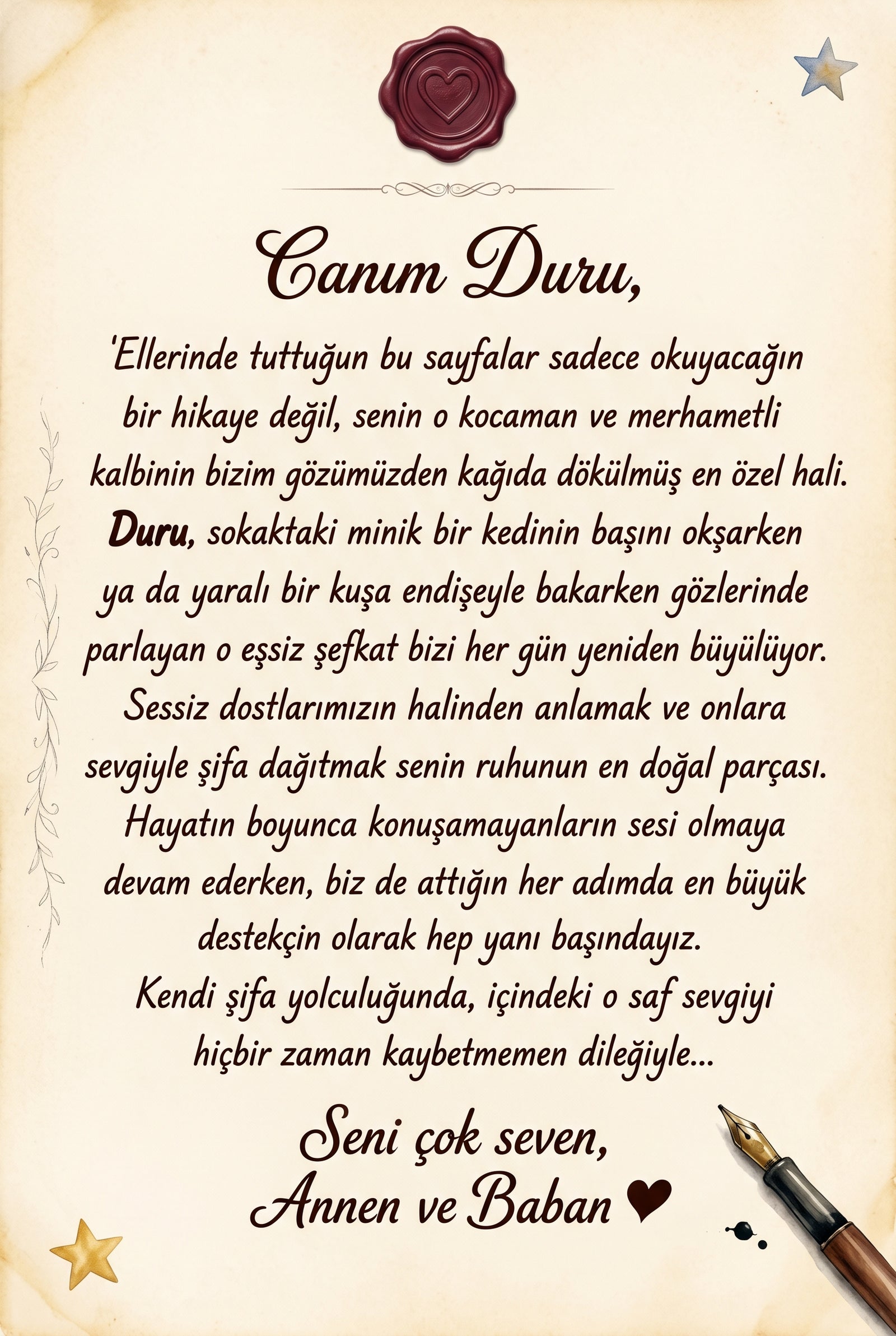 Duru için yazılmış kişiye özel hediye notu sayfası - sevgi dolu doğum günü mesajı ve tarih alanı