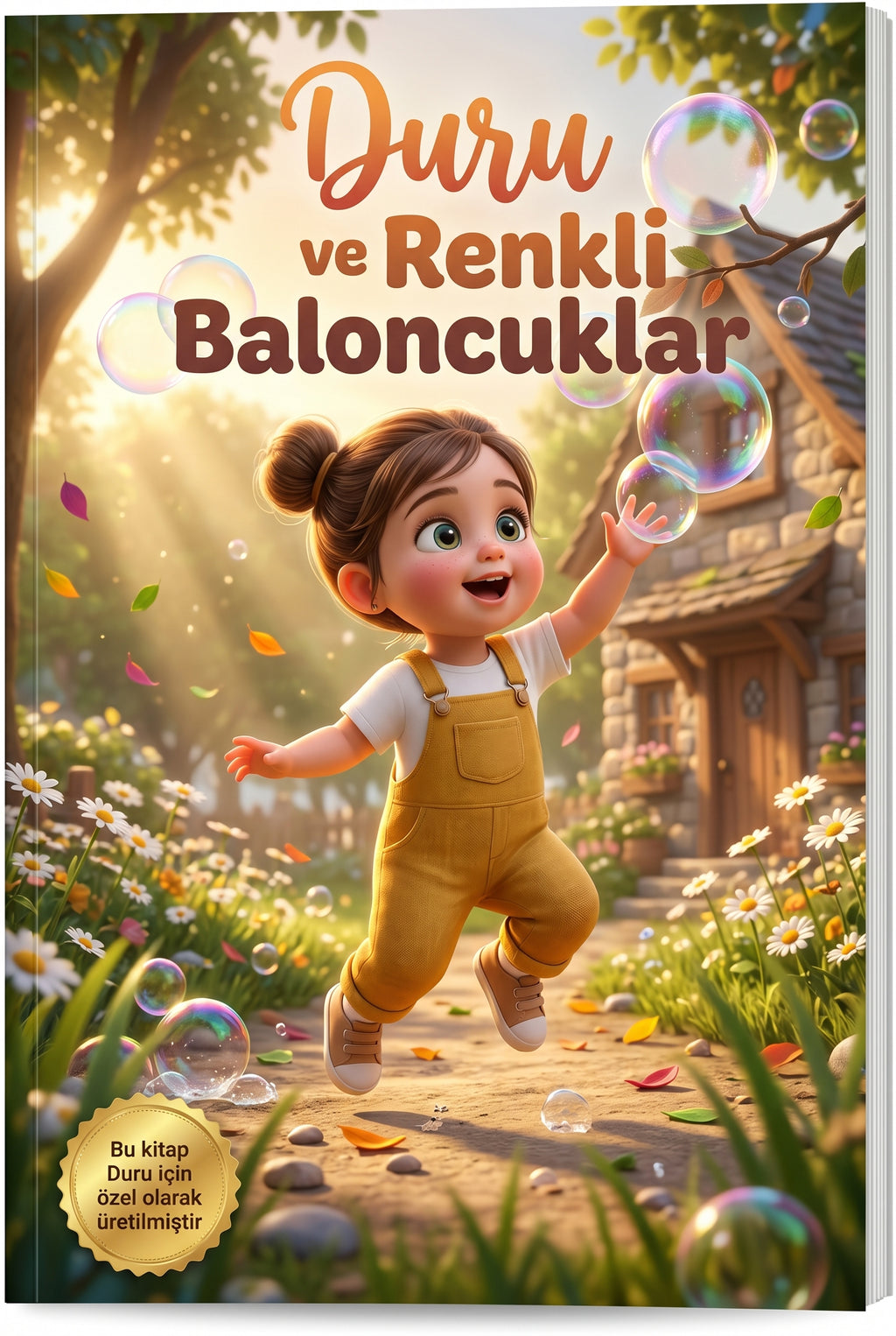 Duru ve Renkli Baloncuklar isme özel çocuk kitabı ön kapağı, Pixar 3D huzurlu bahçe illüstrasyonu