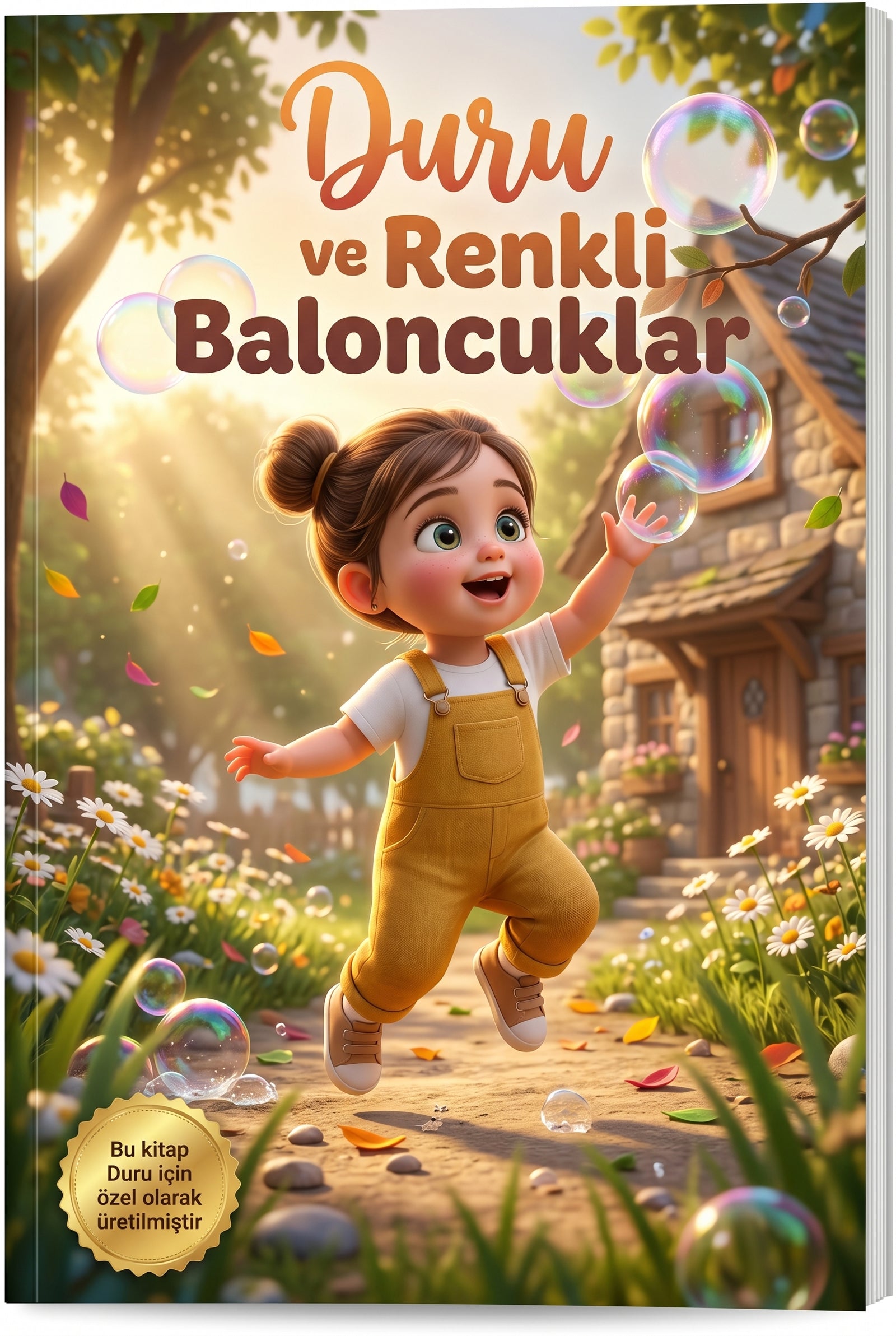 Duru ve Renkli Baloncuklar isme özel çocuk kitabı ön kapağı, Pixar 3D huzurlu bahçe illüstrasyonu
