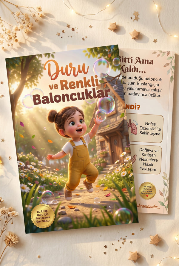 Duru'nun kişiye özel kitabı ön ve arka kapak birlikte — yüksek kaliteli yumuşak kapak A4 isme özel bebek kitabı