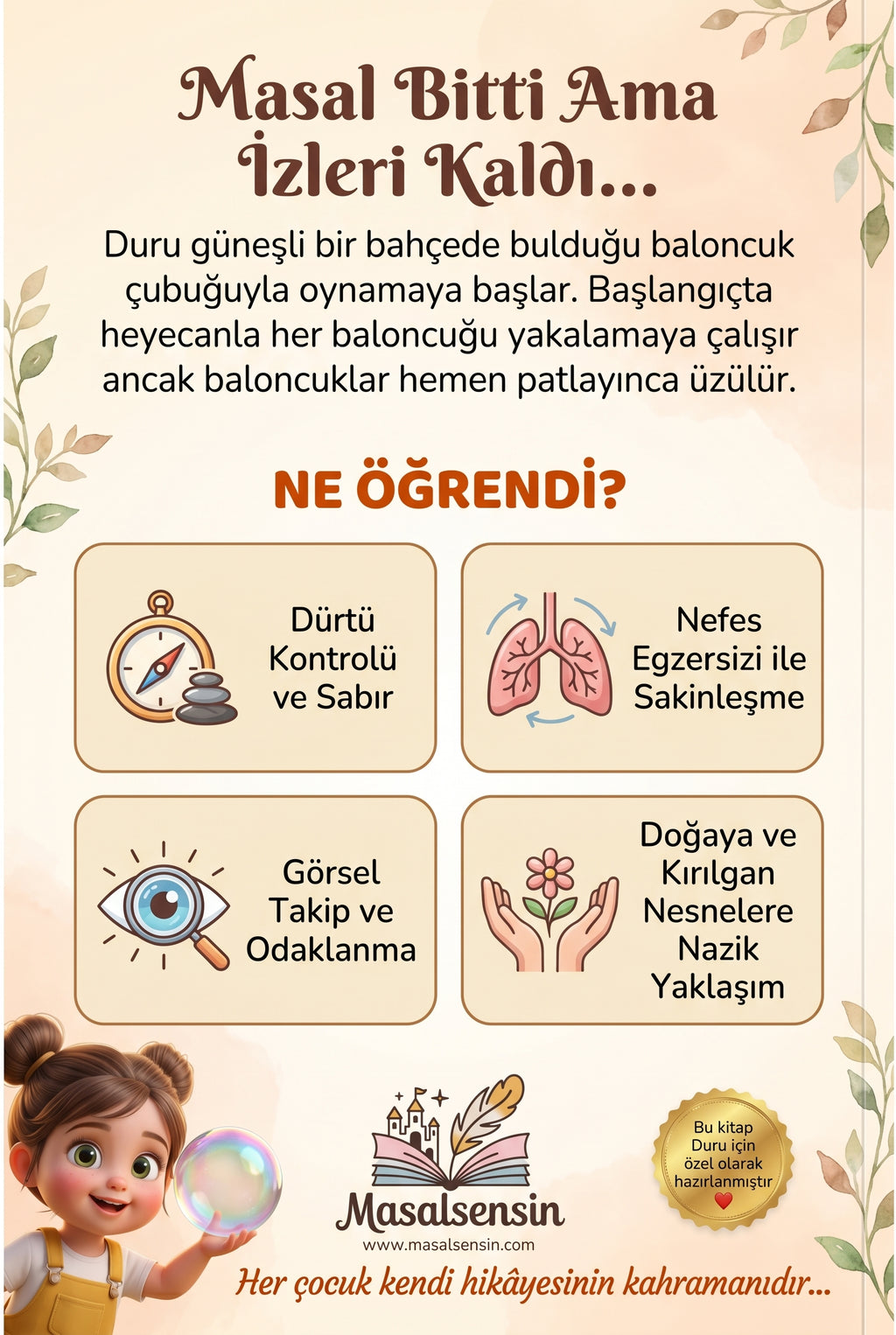 Duru'nun kişiselleştirilmiş kitabının arka kapağı — nefes egzersizi ve dürtü kontrolü kazanımlarını anlatan tasarım