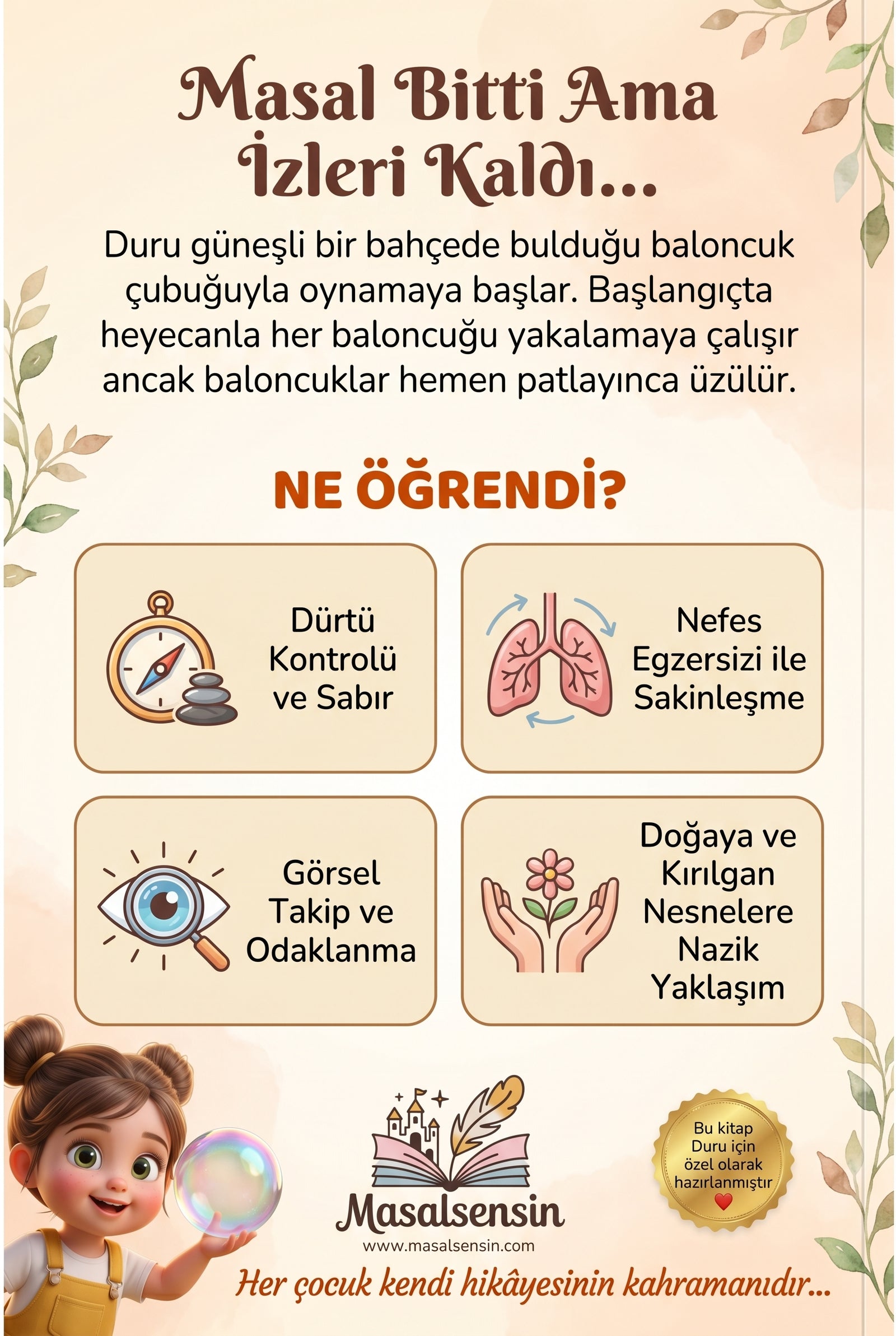 Duru'nun kişiselleştirilmiş kitabının arka kapağı — nefes egzersizi ve dürtü kontrolü kazanımlarını anlatan tasarım