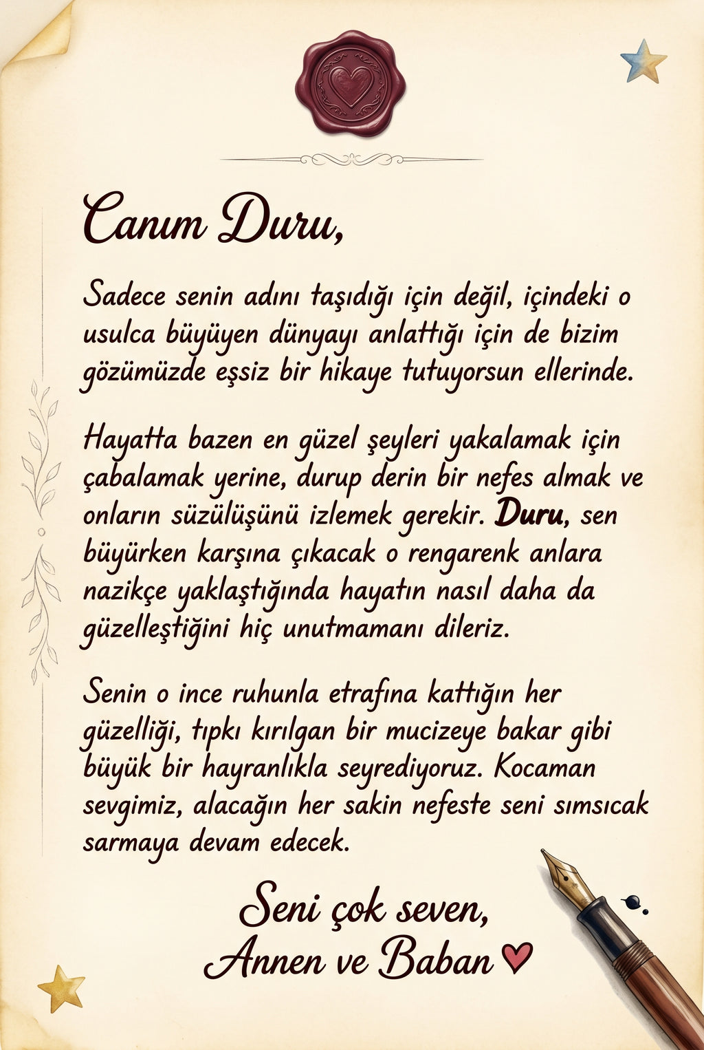 Kitabın ilk sayfasındaki hediye notu alanı — doğum günü hediyesi için bırakılan sevgi dolu kişisel mesaj