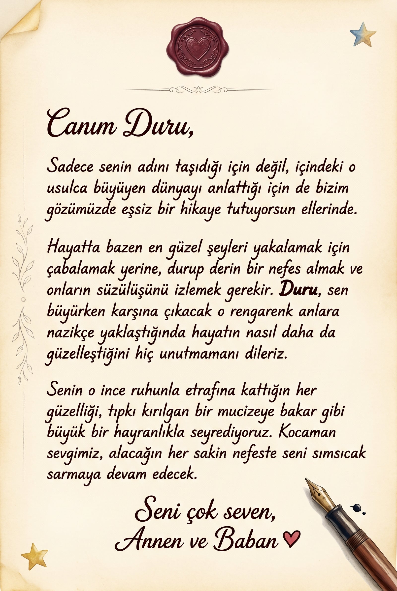 Kitabın ilk sayfasındaki hediye notu alanı — doğum günü hediyesi için bırakılan sevgi dolu kişisel mesaj
