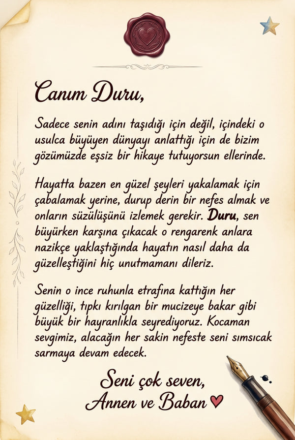 Kitabın ilk sayfasındaki hediye notu alanı — doğum günü hediyesi için bırakılan sevgi dolu kişisel mesaj