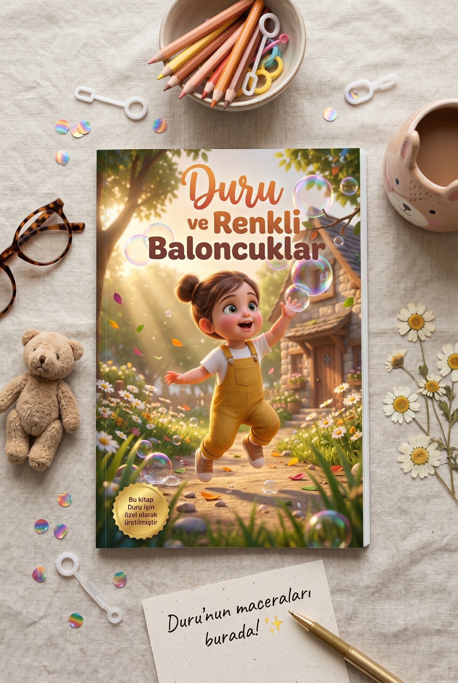 MasalSensin çocuk kitabı açık halde, dev çimenler ve mantarların yer aldığı odaklanma geliştiren sayfa tasarımı