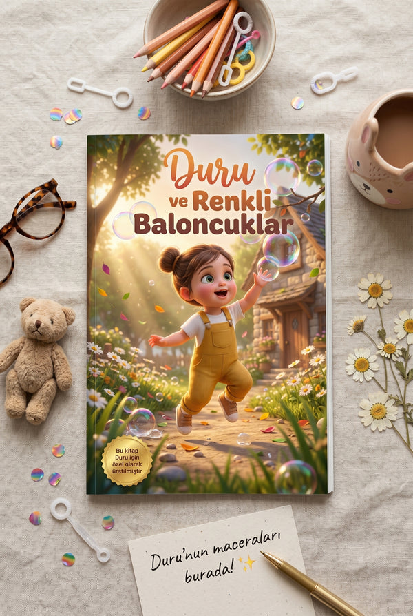 MasalSensin çocuk kitabı açık halde, dev çimenler ve mantarların yer aldığı odaklanma geliştiren sayfa tasarımı