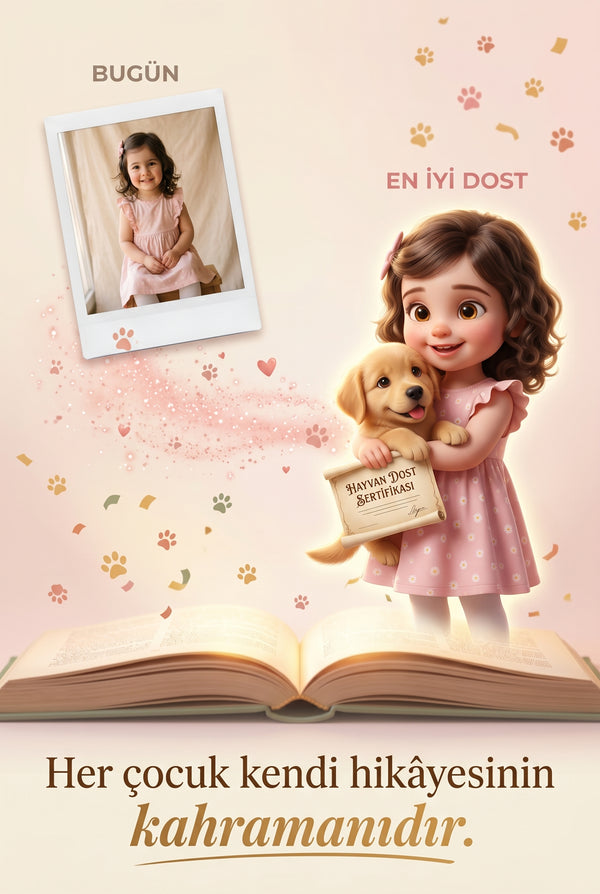 Çocuğun gerçek fotoğrafından Pixar 3D hayvan dostu karakterine dönüşüm.