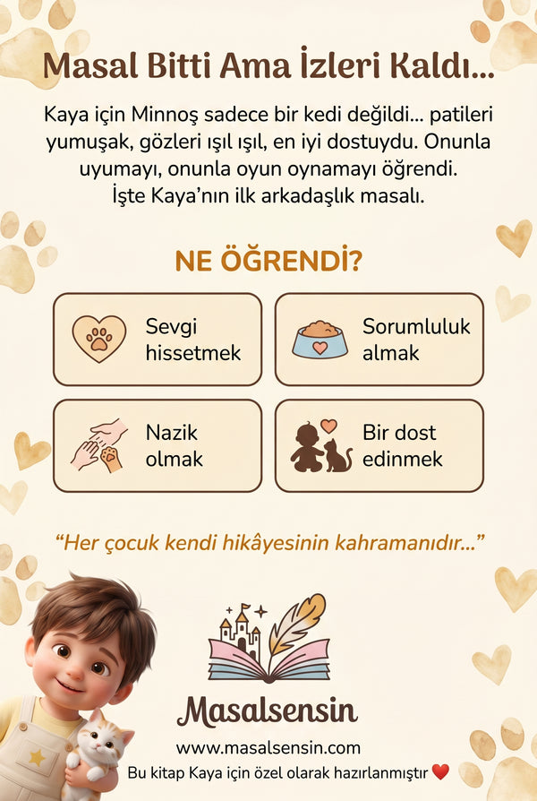 Kaya isimli hayvan dost kitabının arka kapağı — sevgi, sorumluluk, nezaket ve dostluk kazanımları.