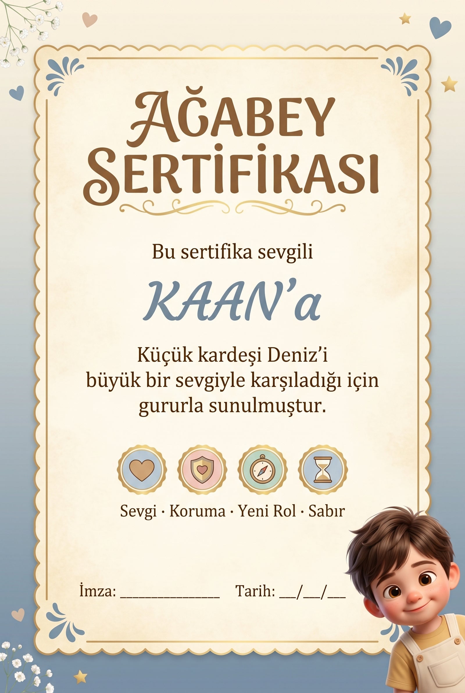 Ağabey Şeref Sertifikası — Kaan'e özel hazırlanmış diploma sayfası.