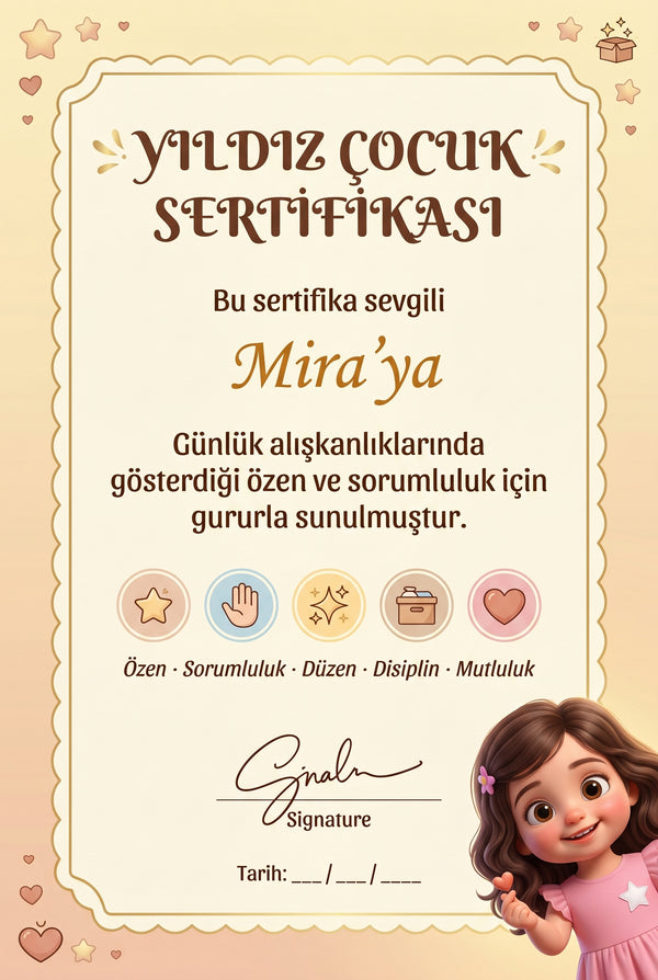 YILDIZ ÇOCUK SERTİFİKASI — Mira'ya özel diploma.