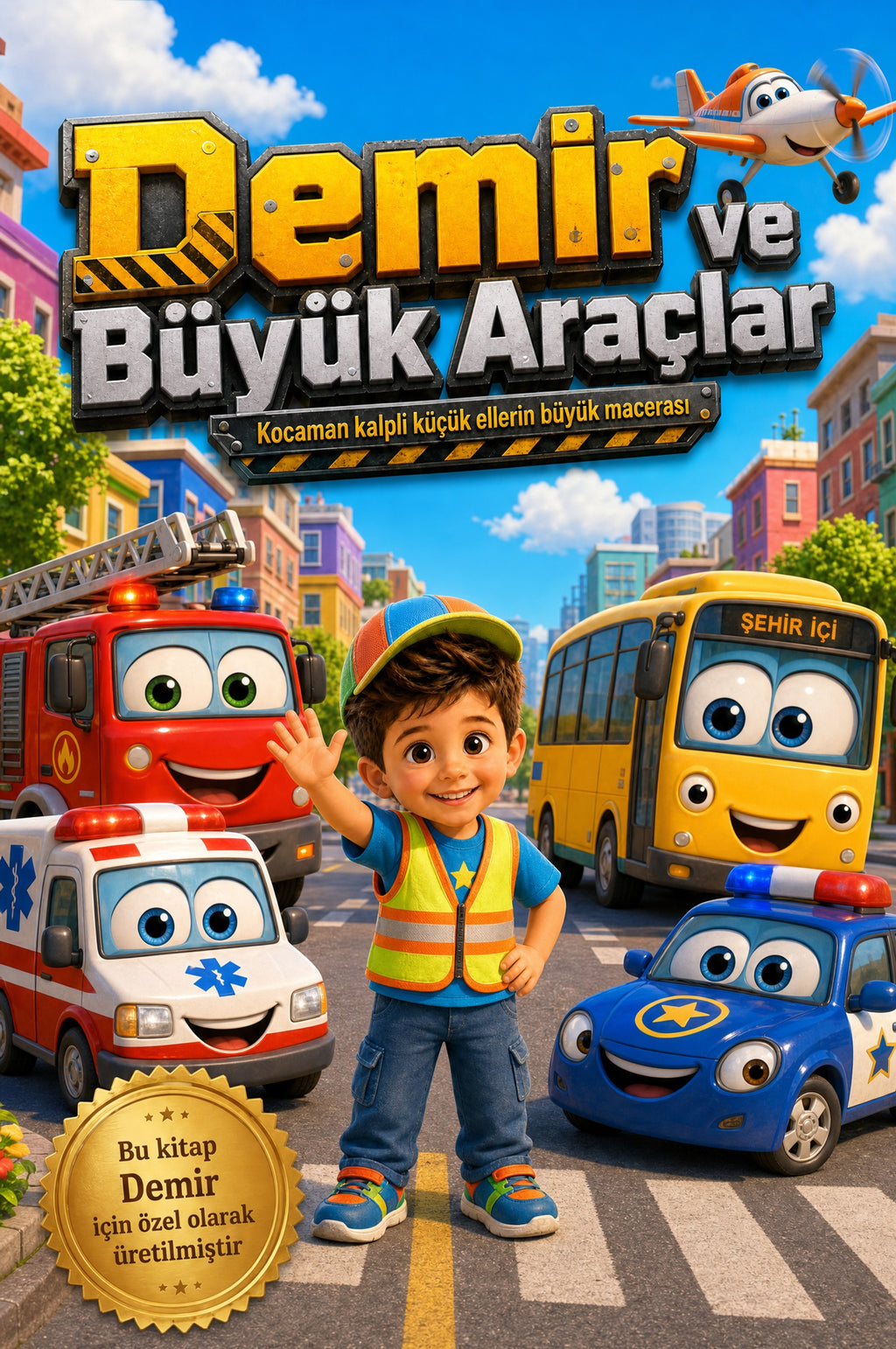 Demir ve Büyük Araçlar kişiye özel çocuk kitabı ön kapağı, iş makineleri ve itfaiye illüstrasyonu