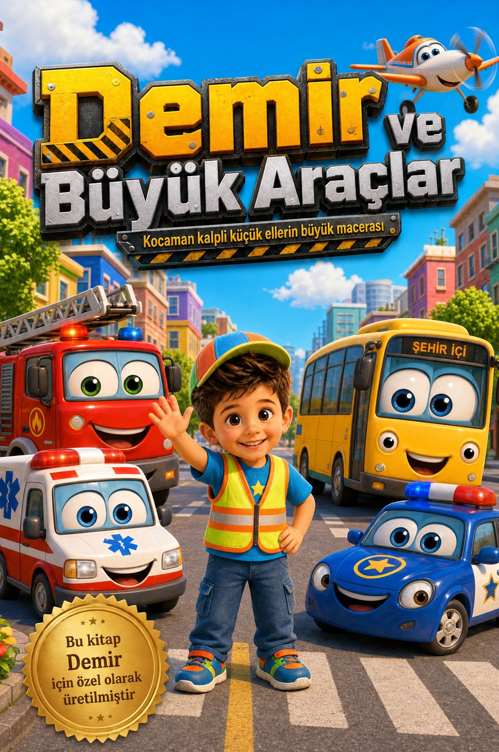 Demir ve Büyük Araçlar kişiye özel çocuk kitabı ön kapağı, iş makineleri ve itfaiye illüstrasyonu