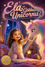 Gökkuşağı Unicornu macerası kişiye özel çocuk kitabı ön kapağı çocuğun ismiyle Pixar tarzı ışıltılı çizim