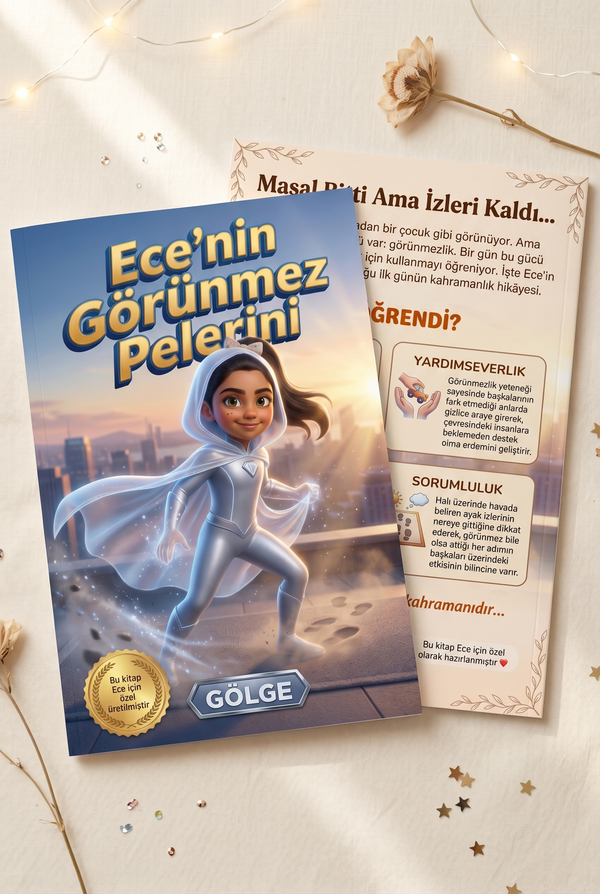 Ece'nin kişiye özel kitabı ön ve arka kapak birlikte — yüksek baskı standartlı A4 paperback tasarımı