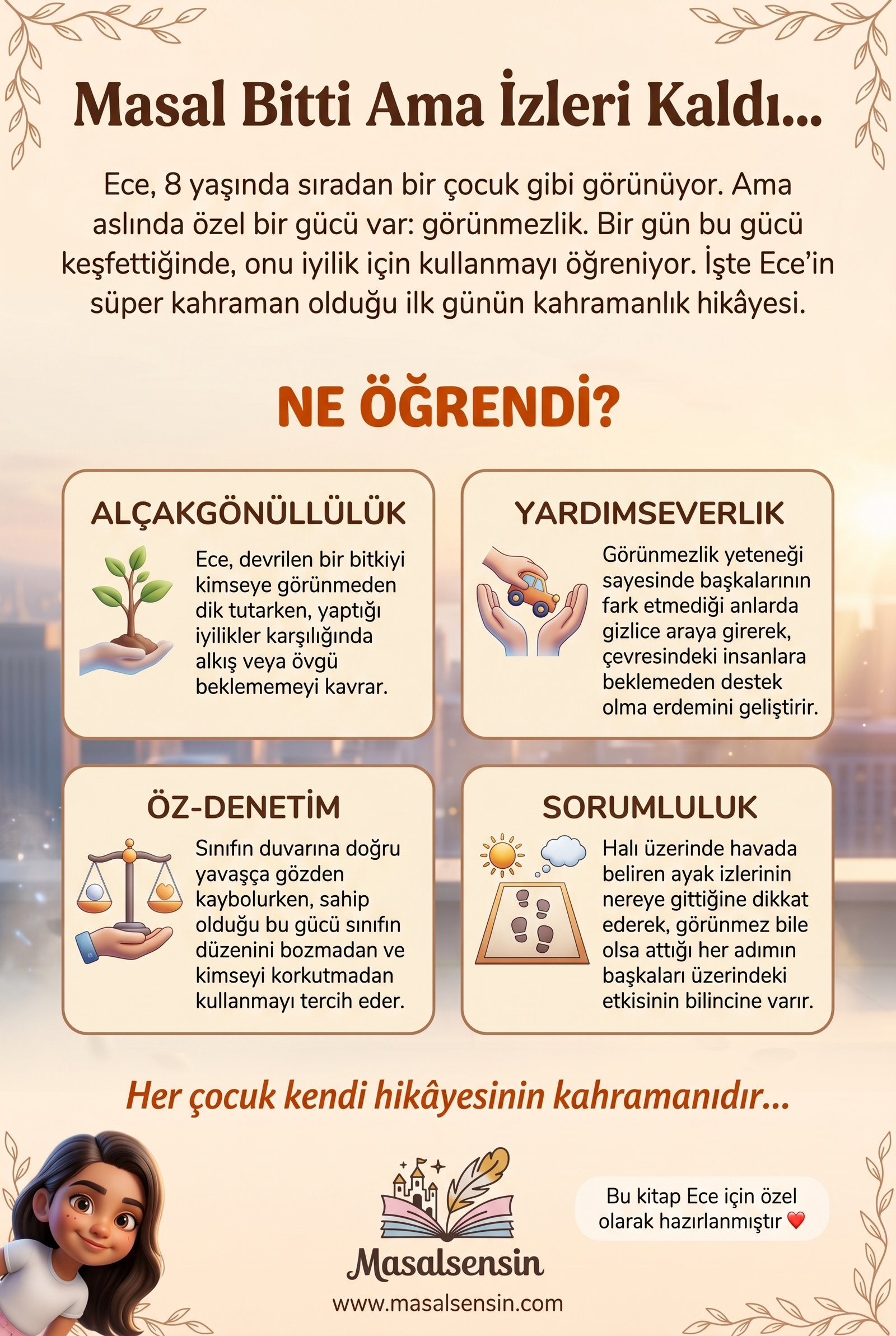 Ece isimli kitabın arka kapağı — yardımseverlik ve empati gelişimi kazanımlarını anlatan hikaye özeti