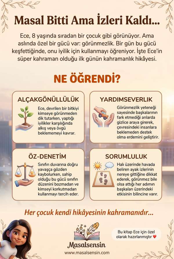 Ece isimli kitabın arka kapağı — yardımseverlik ve empati gelişimi kazanımlarını anlatan hikaye özeti
