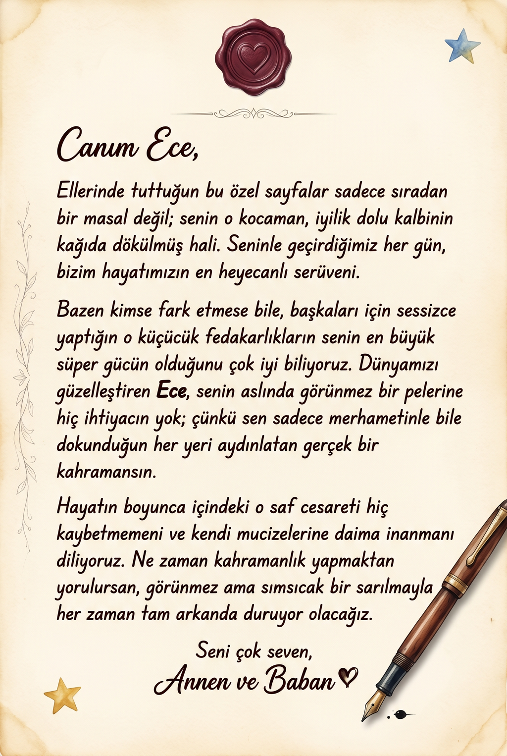 Kitabın ilk sayfasında yer alan Ece'ye özel hazırlanmış sevgi dolu hediye notu ve ithaf alanı tasarımı