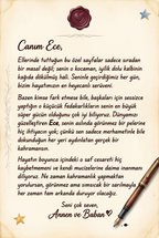 Kitabın ilk sayfasında yer alan Ece'ye özel hazırlanmış sevgi dolu hediye notu ve ithaf alanı tasarımı