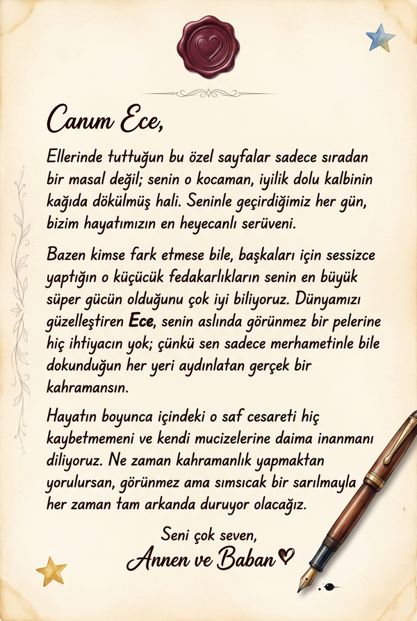Kitabın ilk sayfasında yer alan Ece'ye özel hazırlanmış sevgi dolu hediye notu ve ithaf alanı tasarımı