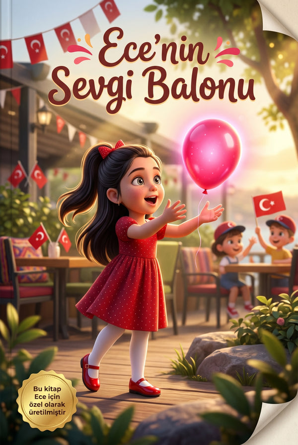 Ece'nin Sevgi Balonu kişiye özel çocuk kitabı ön kapağı, bayrak ve sihirli balon illüstrasyonu