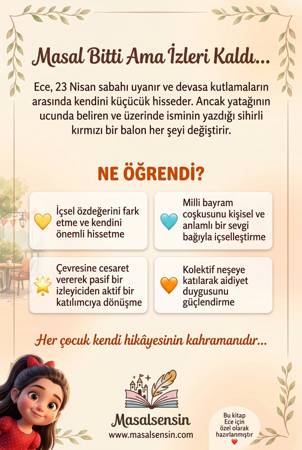 Ece isimli kitabın arka kapağı — milli bayram coşkusu ve özdeğer gelişimi kazanımları