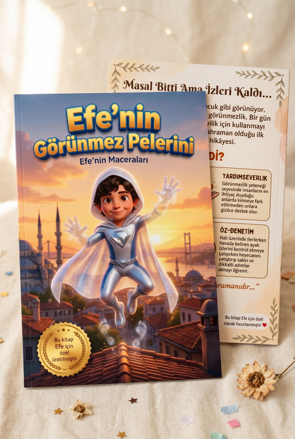 Efe'nin kişiye özel hikaye kitabı ön ve arka kapak birlikte, yüksek kalite parlak baskı