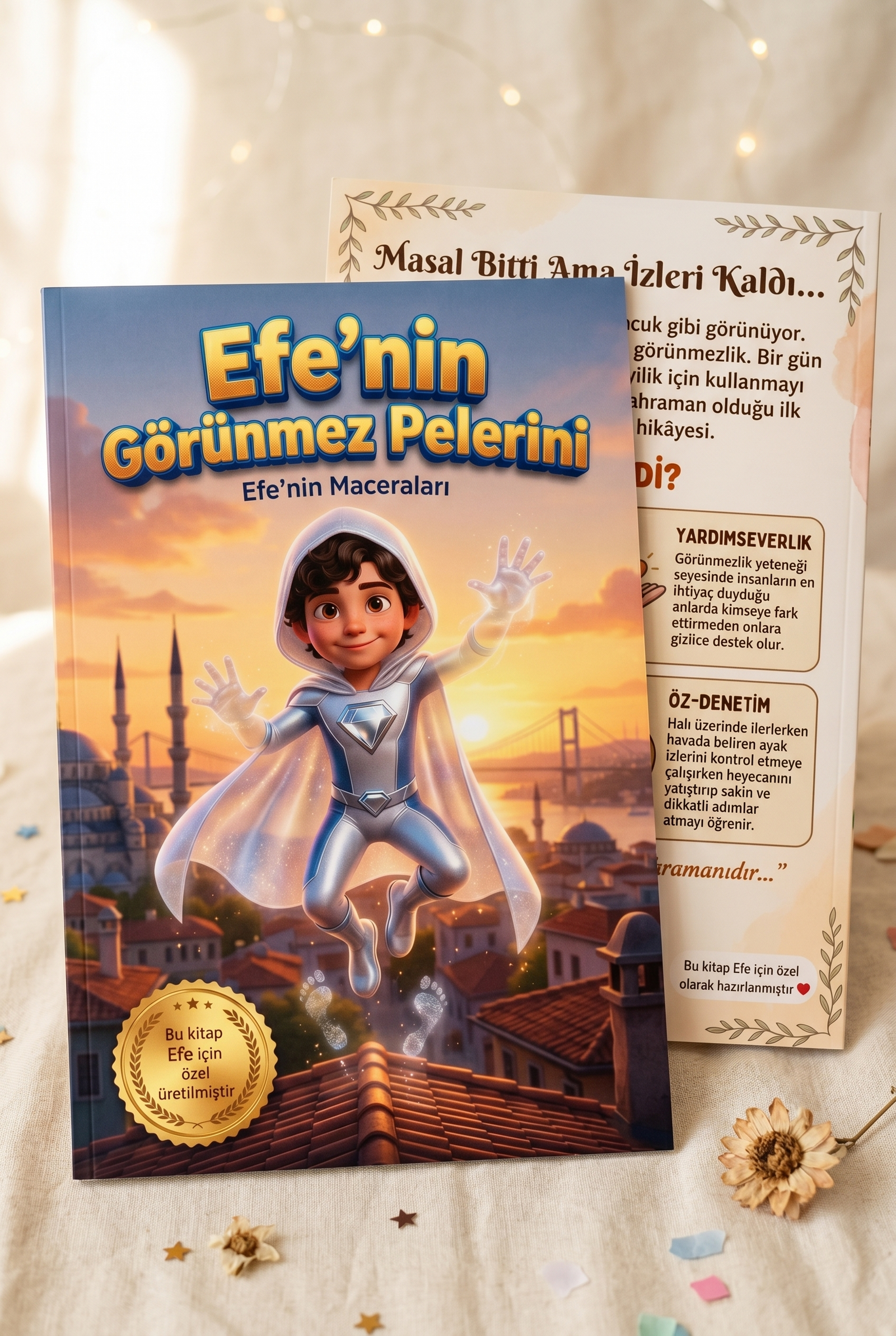 Efe'nin kişiye özel hikaye kitabı ön ve arka kapak birlikte, yüksek kalite parlak baskı