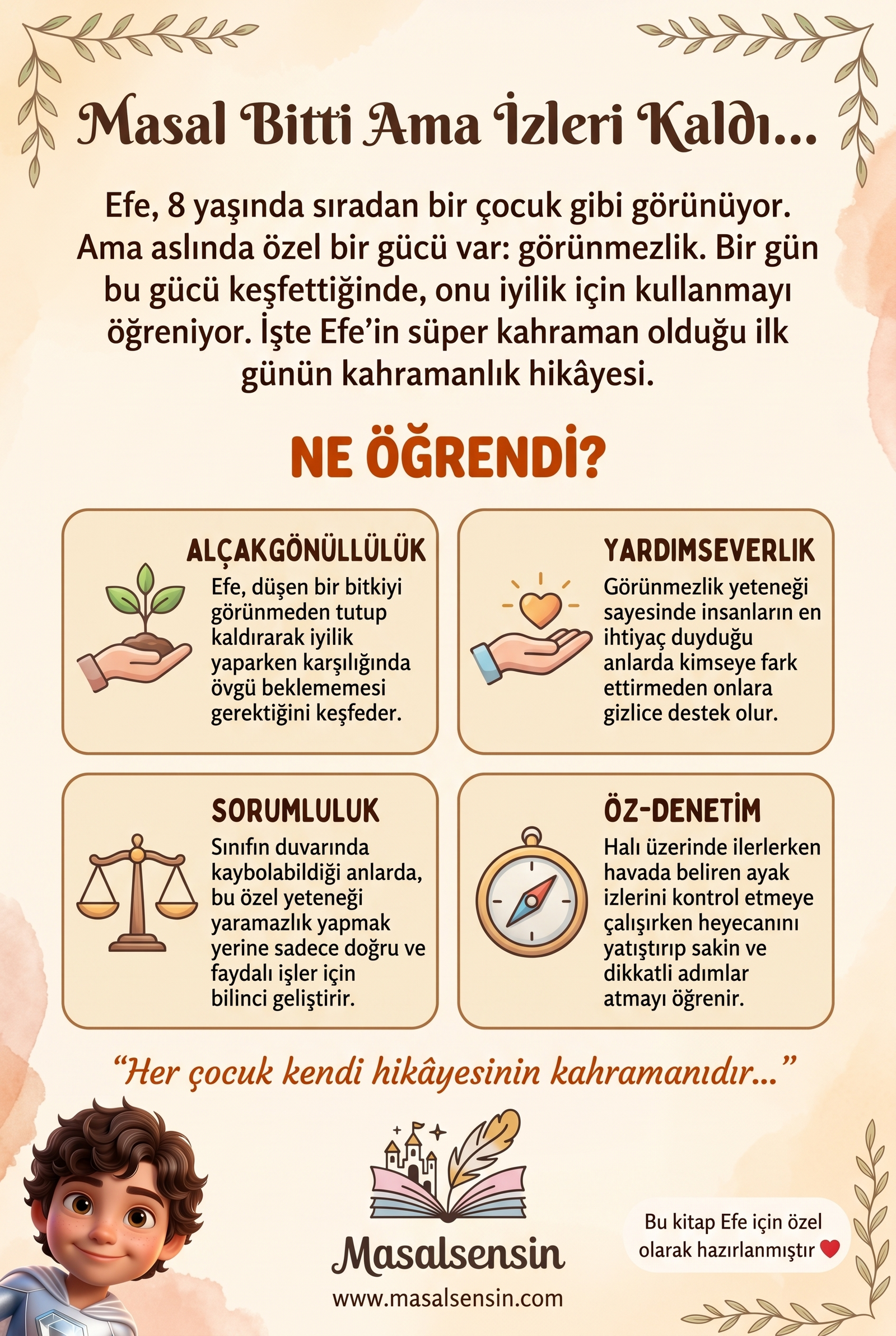 Efe isimli süper kahraman kitabının arka kapağı, empati ve yardımseverlik kazanımları vurgusu