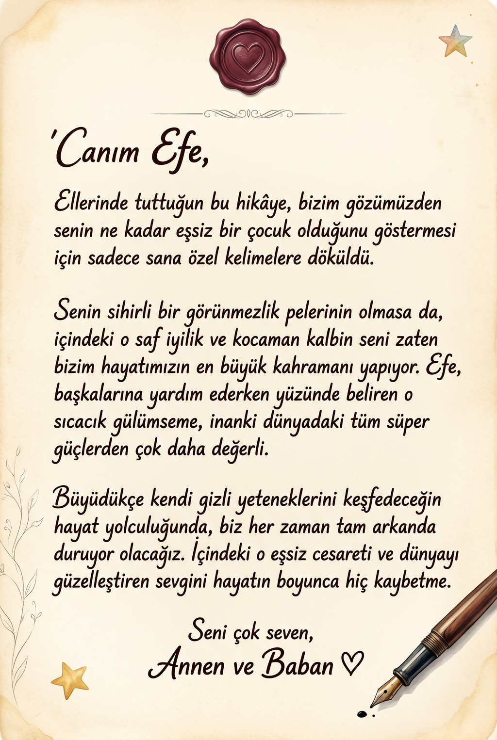 Hediye eden teyze ve büyükanne tarafından kitaba eklenmiş sevgi dolu özel ithaf notu sayfası