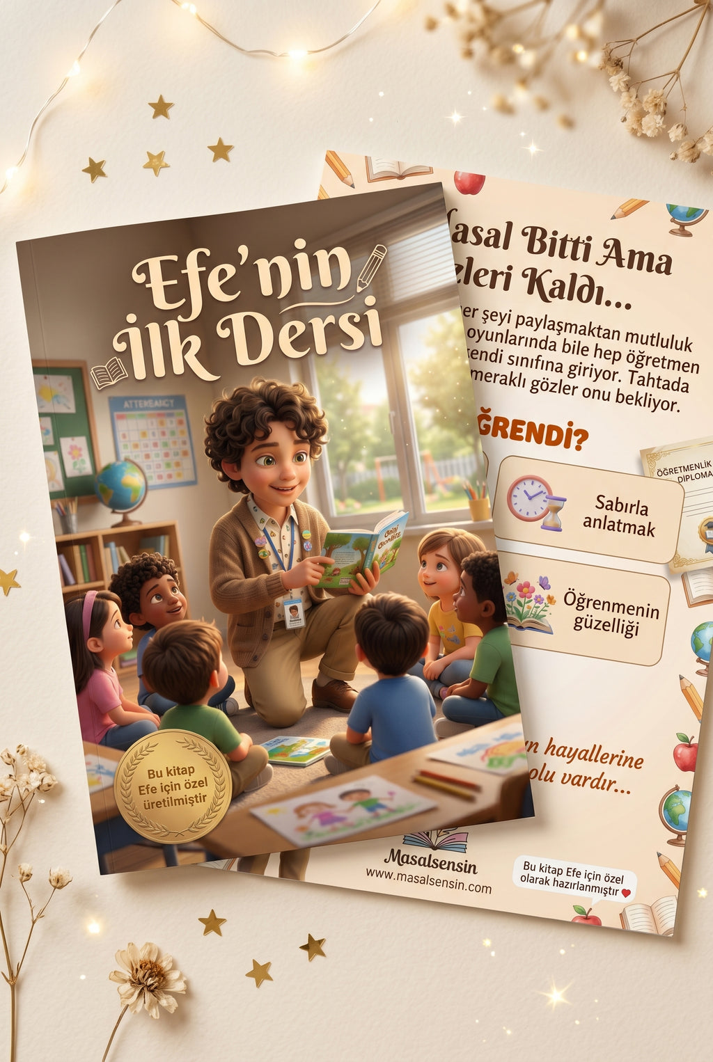 Efe'nin İlk Dersi çocuk kitabı ön ve arka kapak tasarımı birlikte — magazine format A4 paperback