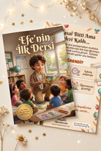 Efe'nin İlk Dersi çocuk kitabı ön ve arka kapak tasarımı birlikte — magazine format A4 paperback